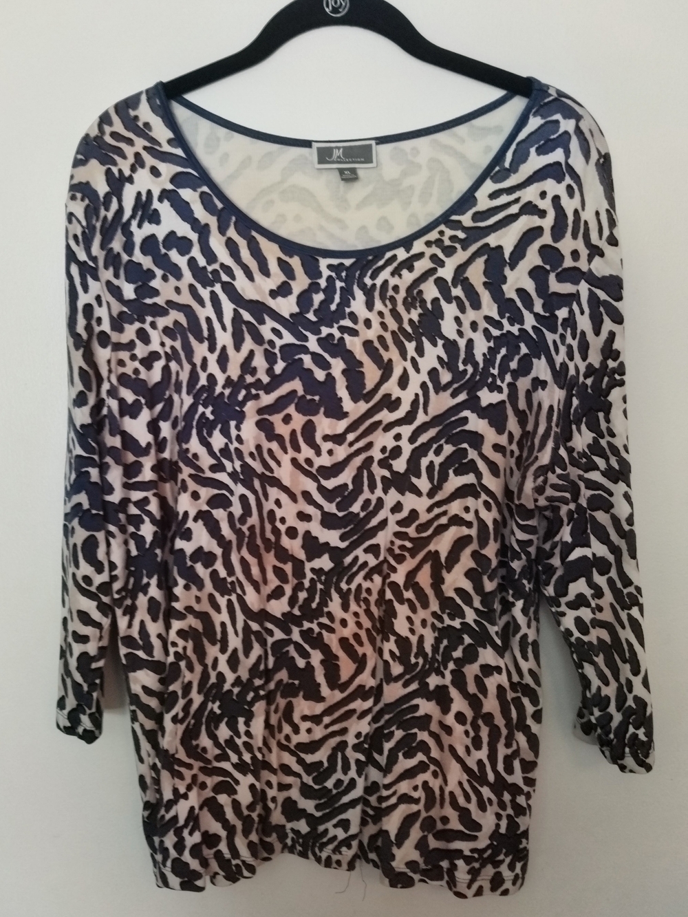 JM Collection Navy and Cream Animal-Print Scoop Neck Top